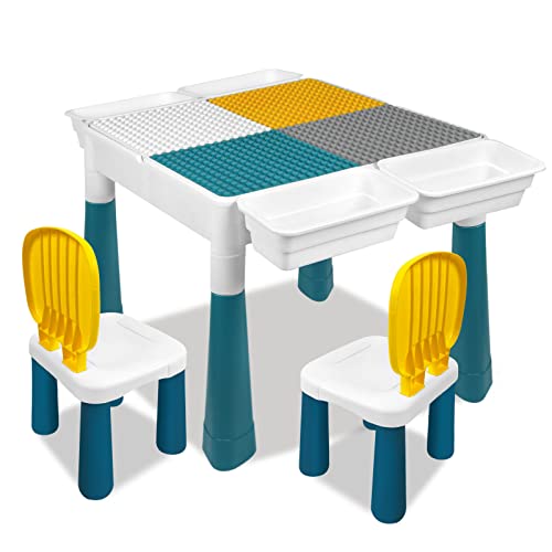 LILIIN 6 in 1 Kindertisch Spieltisch Tisch mit 2 Stühle & 162 Stück Bausteine, Höhenverstellbarer Aktivitätstisch Multifunktionaler Set, für Jungen und Mädchen, Typ A von LILIIN