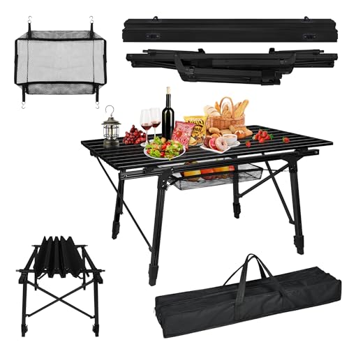 LILIIN Campingtisch Klappbarer aus Aluminium Höhenverstellbar Klapptisch Camping mit Tragetasche und Aufrollbare Tischplatte Outdoor Tragbar Arbeitstisch für Garten Balkon bis 30 kg, Schwarz von LILIIN