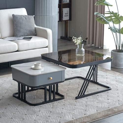 LILIIN Couchtisch Set Quadrat, Satztische 2er Set Modern Beistelltisch Nesting Metallgestell, Glas, Marmor-Schieferplatte und Massivholzschubladen, Sofatische Kaffeetische Set mit Schublade(Grey) von LILIIN