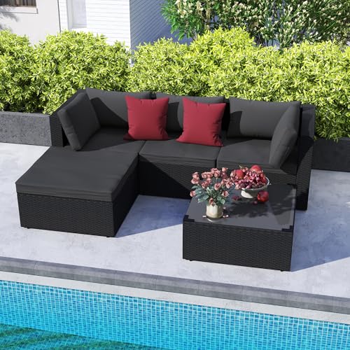 LILIIN Garten Sofa Poly Rattan Lounge Sofa Gartenmöbel Set, Polyrattan Gartenlounge Sofagarnitur Ecksofa mit Sitzkissen, 5-teiliges Set, Gartensofa, Hocker, Couchtisch, Sofa Module Größe: 210x146x63cm von LILIIN