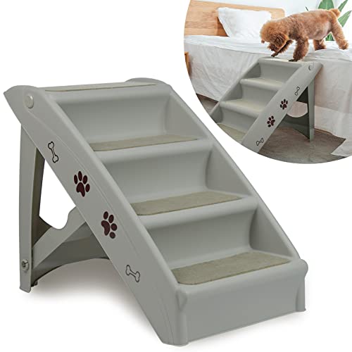 LILIIN Hundetreppe 4 Stufen, Klappbare Haustiertreppe mit Rutschfesten Teppichboden, Katzentreppe Hunderampe bis zu 75kg für Bett & Couch, Auto, Tiertreppe– Grau, 49 x 39 x 61 cm von LILIIN