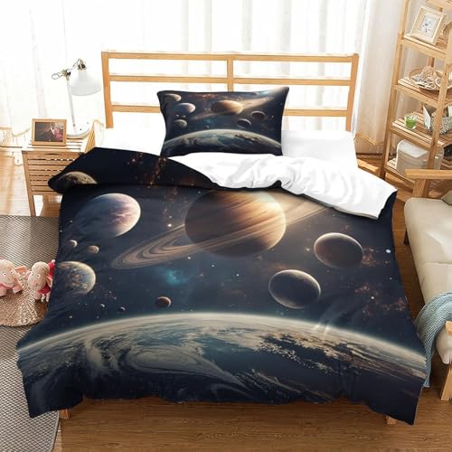 LILIlaobiao Cosmic Planets Duvet Cover Set Mit Kissenbezüge: 80 X 80cm, Verstecktes Scharnier Bettbezug Mikrofaser Universum Bettwäsche Set Wärme Zum Schlafen Single（135x200cm） von LILIlaobiao