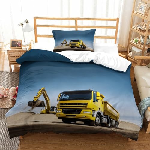 Excavators Bettwäsche Luxus Lastwagen Bettbezug Atmungsaktiv Bettdeckenbezug Mit Kissenbezüge: 80 X 80cm, Waschbar Bed Linen Set Mit Zip-Verschluss Single（135x200cm） von LILIlaobiao