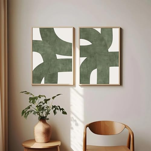 LIMAIDUO Boho Mid Century Modern Grün Abstrakter Posterdruck Kräftige Linien Minimalistisches Leinwandgemälde Wand 60x90cmx2 Rahmenlos von LIMAIDUO