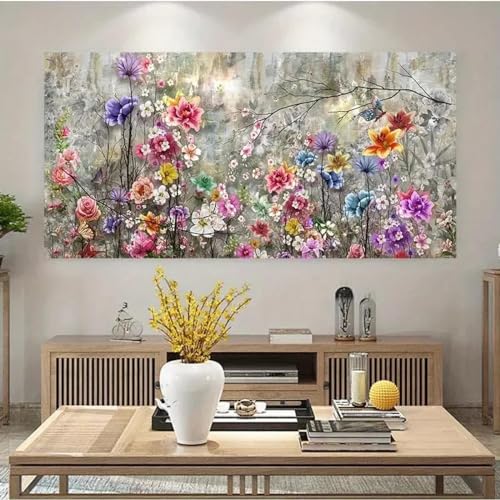 Schöne Blumengemälde auf Leinwand, moderne Kunst, abstrakte Malerei, große Wandkunst, farbenfrohes Leinwanddekor, 70 x 140 cm, rahmenlos von LIMAIDUO