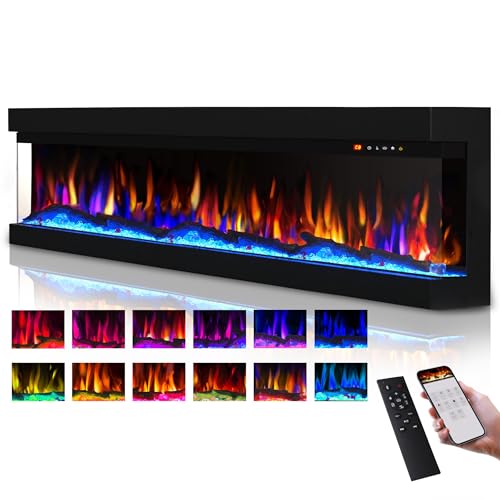 Elektrokamin 50 "-3-seitiges Glas Eingebauter Elektrischer Kamin，13 Mehrfarbige Flammen, Heizung, DIY Kristall & Log Set, Smart App & Fernbedienung von LIMERRI