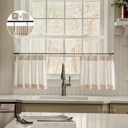 Limon Home Café-Vorhänge, 45,7 cm Länge, Quetschfaltenvorhang für Küche, Beige, gestreift, Bauernhaus-Leinen-Vorhänge für kleine Fenster von LIMON HOME