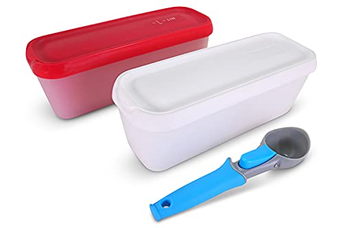LIN Eiscreme-Behälter, 2er-Pack mit Eisportionierer - Wiederverwendbare, rechteckige 1,5-L-Aufbewahrungsbehälter für Eis, 1 roter & 1 weißer Deckel - BPA-frei, gefrier- und spülmaschinenfest von LIN