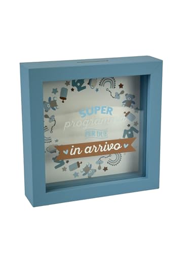 Dekorative Spardose mit blauem Rahmen, 16 x 16 cm, Design in Ankunft mit Babymotiven von LINA OFFICINE GRAFICHE CREATIVE