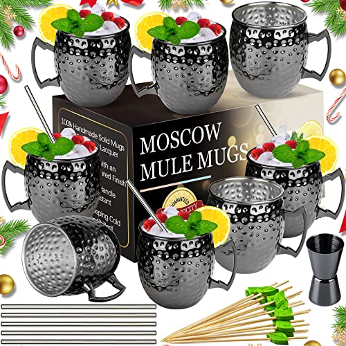 LINALL Moscow Mule Becher - Set mit 8 Gunmetal schwarz plattiert 530 ml Edelstahl Tasse Doppel-Jigger Chilled Drink Cocktail Mug (Schwarz) 8 Stück von LINALL