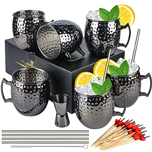 LINALL Moscow Mule Tassen, 6 Stück, Gunmetal schwarz beschichtet, 530 ml, Edelstahlbecher, Doppel-Messbecher, gekühlte Getränke, Cocktailbecher (6 Stück) von LINALL