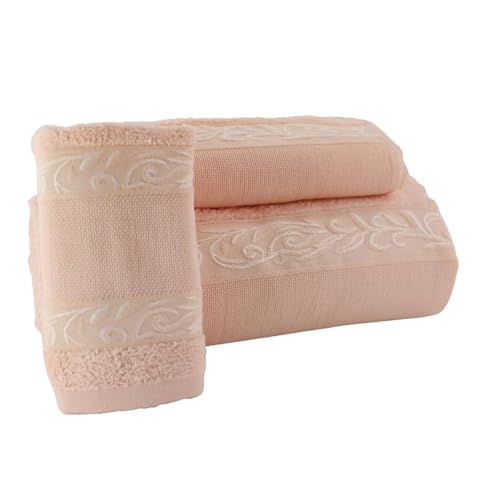 LINANDELLE - Set mit 3 Handtüchern aus Baumwoll-Frottee mit Band aus Panama-Aida-Stoff – Lachs – Einheitsgröße von LINANDELLE