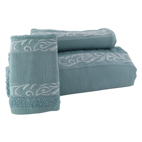 LINANDELLE - Set mit 3 Handtüchern aus Baumwoll-Frottee mit Panama-Aida-Band – Lagunenblau – Einheitsgröße von LINANDELLE