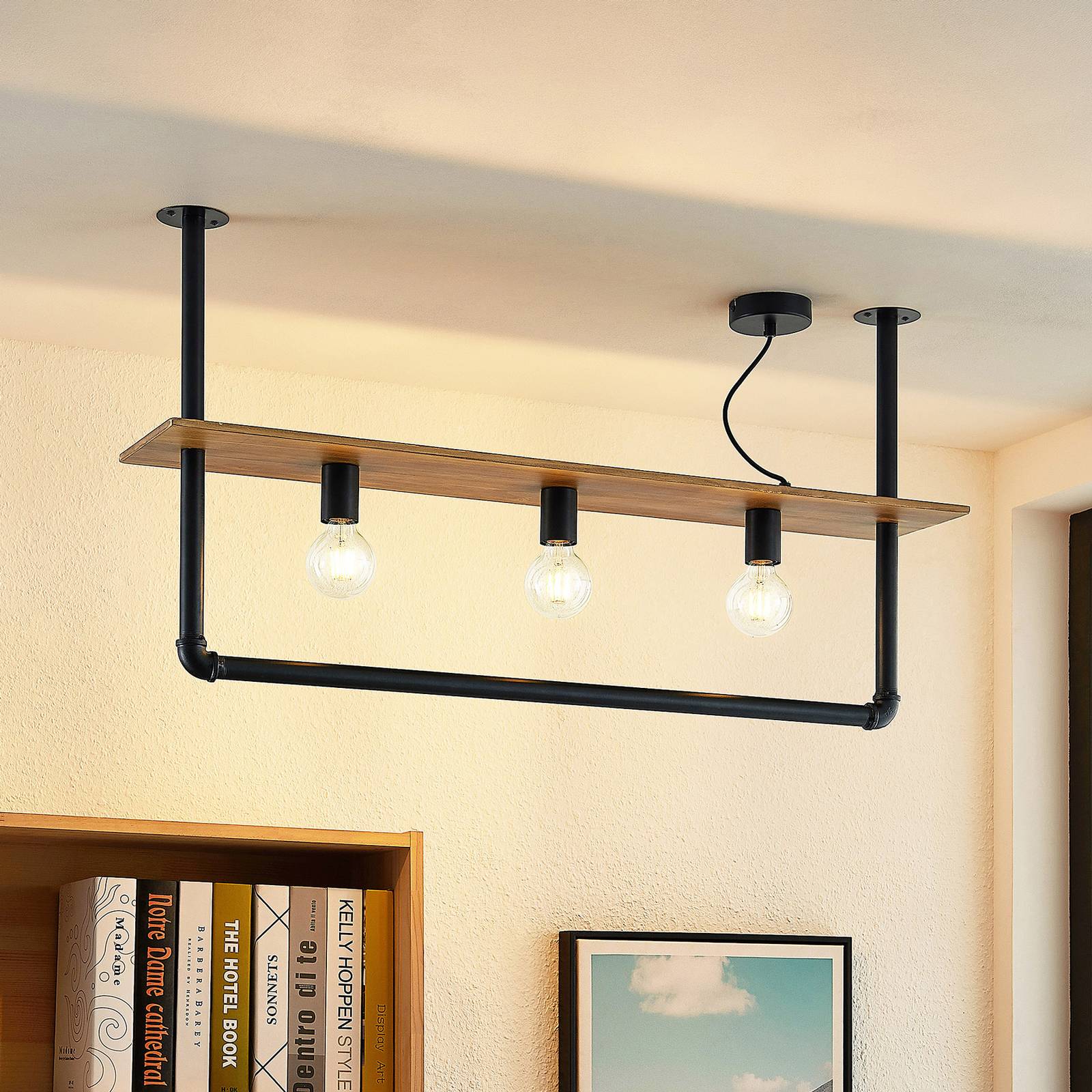 Lindby Deckenlampe Kirista, 3-flg., schwarz/Holz, 100cm, E27 Lindby Deckenlampe Kirista, 3-flg., schwarz/Holz, 100cm, E27 von LINDBY