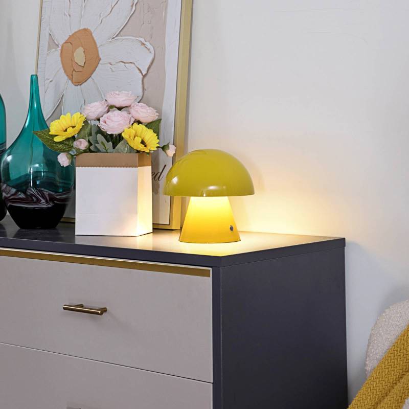 Lindby LED-Akkutischlampe Nevijo, gelb, Ø18cm, USB, Dimmer von LINDBY