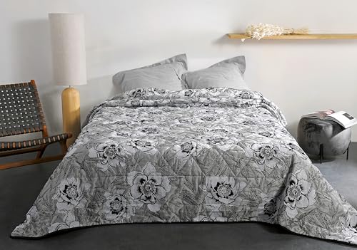 Linder Bettüberwurf, wattiert, Motiv Blume Natur, gewebt und gefärbt in Frankreich – Farbe: Teegelb und Schwarz – Maße: 240 x 260 cm – Stoff Polyester/Baumwolle und Wattierung 100% Polyester von LINDER