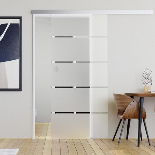 LINEA GLAS DESIGN Softclose Glasschiebetür Komplettset mit Tür teil satiniert Stripes 10 Beschlag Edelstahl matt 935 x 2058 mm - Schiebetür Komplettset Milchglas Streifen für Zimmer Küche Badezimmer von LINEA GLAS DESIGN