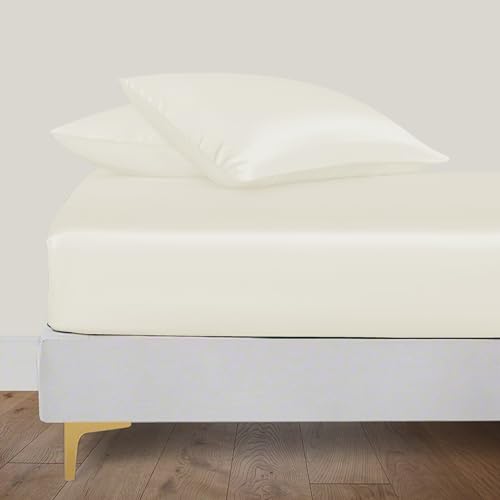 LINENWALAS 100% Organic Bamboo Silk Fitted Sheet 140x200 cm, Deep Pocket up to 40 cm Soft, Oeko-Tex Certified Cooling Bamboo Bedding Set Fitted Sheet with Pillowcase Perfect for Skin (Ivory) von LINENWALAS