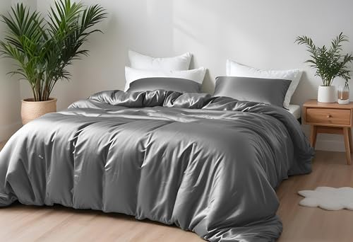 LINENWALAS Bamboo Bed Linen Set, Premium Bamboo Silk Duvet Cover Set with Pillowcase, 2-Piece Bedding Set, 155 x 220 cm Luxury, Soft, Cooling Quilt Cover (Light Grey) von LINENWALAS