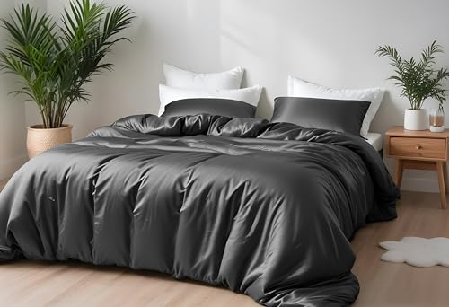 LINENWALAS Bamboo Bed Linen Set, Premium Bamboo Silk Duvet Cover Set with Pillowcase, 3-Piece Bedding Set, 200 x 200 cm Luxury, Soft, Cooling Quilt Cover (Charcoal Grey) von LINENWALAS