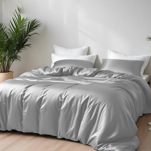 LINENWALAS Bamboo Bed Linen Set, Premium Bamboo Silk Duvet Cover Set with Pillowcase, 3-Piece Bedding Set, 200 x 200 cm Luxury, Soft, Cooling Quilt Cover (Silver) von LINENWALAS