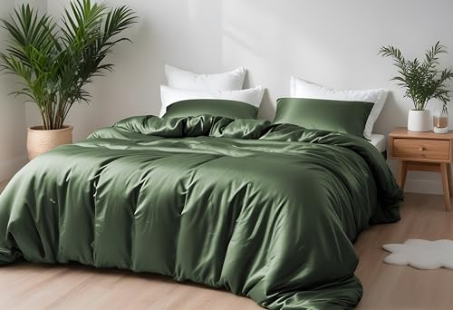 LINENWALAS Bamboo Bed Linen Set, Premium Bamboo Silk Duvet Cover Set with Pillowcase, 3-Piece Bedding Set, 220 x 240 cm Luxury, Soft, Cooling Quilt Cover (Avocado Green) von LINENWALAS