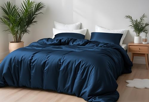 LINENWALAS Bamboo Bed Linen Set, Premium Bamboo Silk Duvet Cover Set with Pillowcase, 3-Piece Bedding Set, 220 x 240 cm Luxury, Soft, Cooling Quilt Cover (Navy Blue) von LINENWALAS