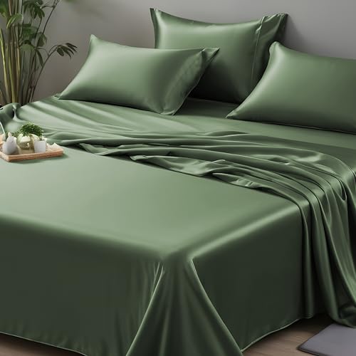 LINENWALAS Bettlaken für Doppelbett, 100 % Bambus, Seide, kühl, atmungsaktiv, Premium-Luxus-Oberlaken (229 x 274 cm, Avocadogrün) von LINENWALAS