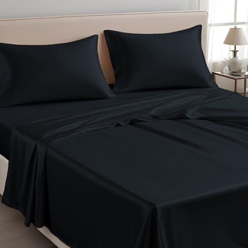 LINENWALAS Bettlaken für Doppelbett, 100% Tencel, weiche Seide, kühlendes Oberlaken, Lyocell-Bettwäsche, perfekt für Haar und Haut, 230×275 cm (Tiefschwarz, Doppelbett) von LINENWALAS