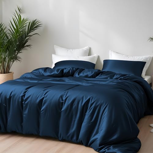 LINENWALAS Bettwäsche-Set für Doppelbett, 100 % Bio-Bambus, mit Reißverschluss und Eckbändern, weich, kühlendes Weihnachts-Bettwäsche-Set, perfekt für Hautpflege (Doppelbett, Marineblau) von LINENWALAS