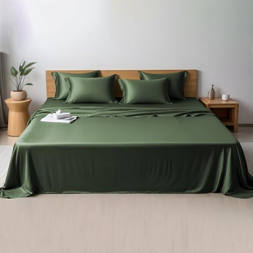 LINENWALAS Bettwäsche-Set für Doppelbett, Fadenzahl 300, 100 % Bambus, kühlendes Satingewebe, Seide, Bettlaken-Set mit 1 Spannbetttuch, 1 Bettlaken und 2 Kissenbezügen (Doppelbett, Avocado-Grün) von LINENWALAS