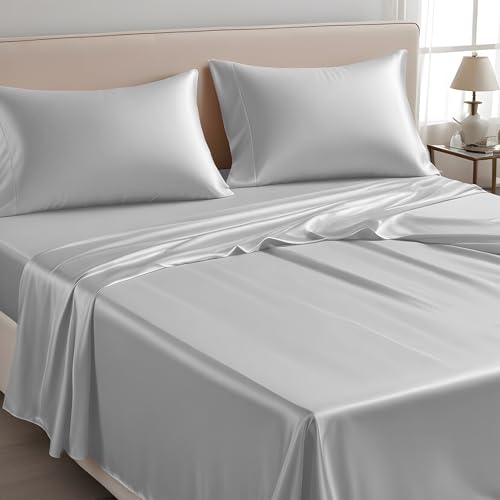 LINENWALAS Nur Bettlaken für Doppelbett, 100 % Tencel, weiche Seide, kühlendes Oberlaken, Lyocell-Bettwäsche, perfekt für Haar und Haut, 230 x 275 cm (Silber, Doppelbett) von LINENWALAS