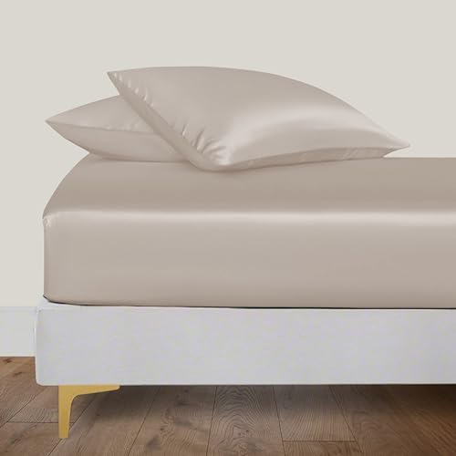 LINENWALAS Organic Vegan Bamboo Silk Fitted Sheet 140x200 cm, Deep Pocket up to 40 cm Soft, Oeko-Tex Certified Cooling Bamboo Bedding Only Fitted Sheet Perfect for Skin (Taupe) von LINENWALAS