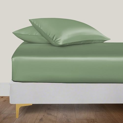 LINENWALAS Organic Vegan Bamboo Silk Fitted Sheet 160x200 cm, Deep Pocket up to 40 cm Soft, Oeko-Tex Certified Cooling Bamboo Bedding Only Fitted Sheet Perfect for Skin (Avocado Green) von LINENWALAS