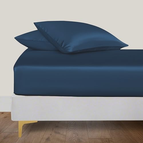 LINENWALAS Organic Vegan Bamboo Silk Fitted Sheet 180x200 cm, Deep Pocket up to 40 cm Soft, Oeko-Tex Certified Cooling Bamboo Bedding Only Fitted Sheet Perfect for Skin (Navy Blue) von LINENWALAS