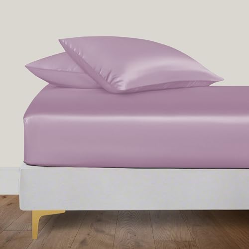 LINENWALAS Organic Vegan Bamboo Silk Fitted Sheet 200x200 cm, Deep Pocket up to 40 cm Soft, Oeko-Tex Certified Cooling Bamboo Bedding Only Fitted Sheet Perfect for Skin (Lilac) von LINENWALAS