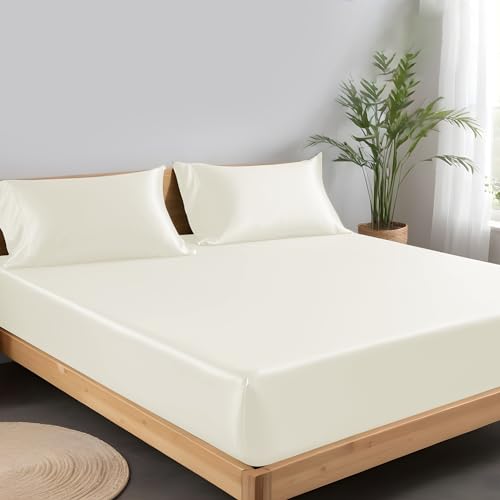 LINENWALAS Spannbettlaken aus 100% Tencel Lyocell 160 x 200 cm, Weiches, Kühlendes Seiden Bettlaken mit bis zu 40 cm Tiefen Taschen, Anti Allergische Eukalyptus Bettwäsche (160x200 cm, Elfenbein) von LINENWALAS