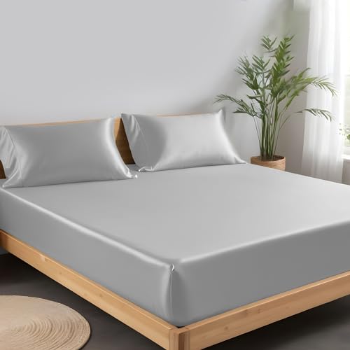 LINENWALAS Spannbettlaken aus 100% Tencel Lyocell 160 x 200 cm, Weiches, Kühlendes Seiden Bettlaken mit bis zu 40 cm Tiefen Taschen, Anti Allergische Eukalyptus Bettwäsche (160x200 cm, Silber) von LINENWALAS