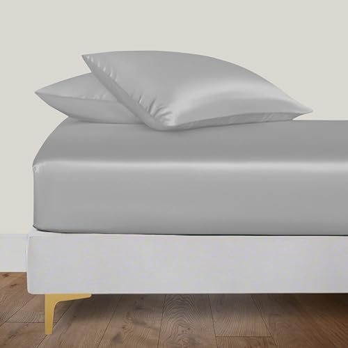 LINENWALAS Veganes Bambus-Seiden-Spannbetttuch 2er-Set, 140x200 cm, Deep Pocket bis zu 40 cm, weich, Öko-Tex Zertifiziert, kühlende Bambus-Bettwäsche, nur 2 Spannbetttücher (Silber) von LINENWALAS