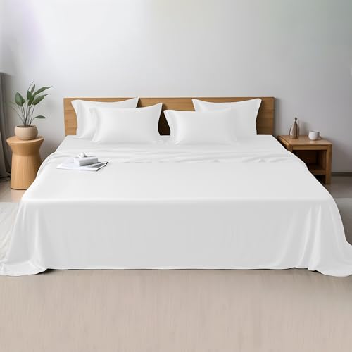 LINENWALAS 4-teiliges Bettwäsche-Set für Doppelbett, 100 % Bio-Bambus, kühlende vegane Seide, Bettwäsche-Set mit 1 Spannbetttuch, 1 Bettlaken und 2 Kissenbezügen (Doppelbett, Weiß) von LINENWALAS