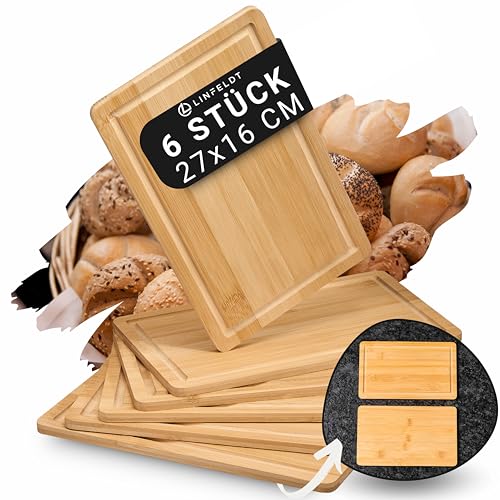 LINFELDT® 6er Set Bambus Frühstücksbrettchen Holz 27x16x1cm - Inkl. Saftrille - 6 Holzbretter + eine glatte Seite - Kleine Holzbrettchen - 6 Essbretter aus Bambus von LINFELDT