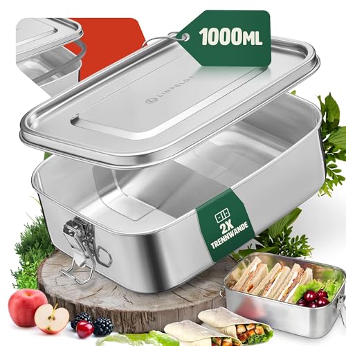 LINFELDT Edelstahl Brotdose 3x Fächer 1000ml für Kinder Lunchbox Auslaufsicher Robust - Brotbox Metall - Brotdose Kinder mit Fächern Spülmaschinenfest von LINFELDT