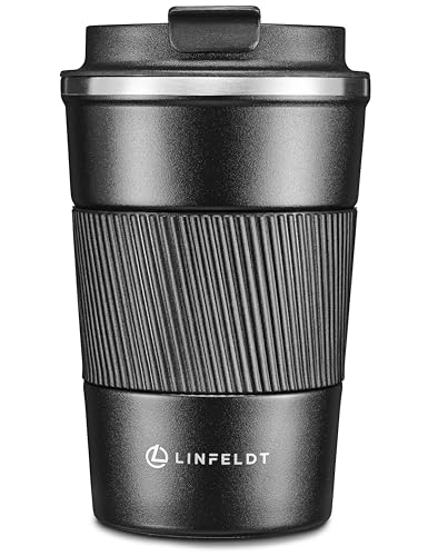 LINFELDT® Thermobecher Kaffee to go 380ml - 4H Heiß & Auslaufsicher - Kaffeebecher to go - Coffee to go Becher - Teebecher to go - Isolierbecher - Coffee Mug Thermotasse Schwarz Edelstahl von LINFELDT