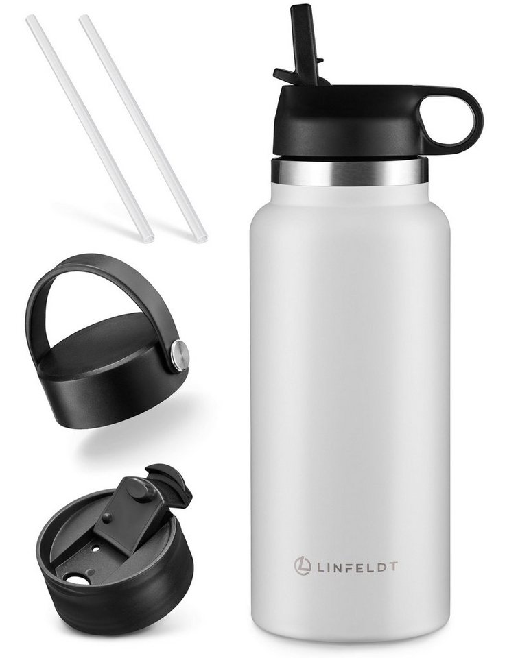 LINFELDT Trinkflasche 1000ml mit 2X Strohalm & 3 Deckeln + CO2 Ready 24H Kalt 12H Heiß, 3 Aufsätze + 2 Strohhalme von LINFELDT