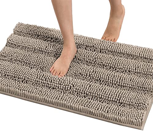 LINFKY Badematte rutschfest Luxus Chenille Gestreifte Badezimmerteppich Extra weiche und saugfähige Mikrofaser Hochflor Teppiche Schnelltrocknende Badvorleger Waschbar (Taupe,50 x 80 cm) von LINFKY