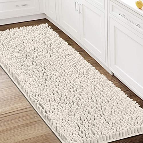 Badteppiche Badematten Für Badezimmer rutschfeste Chenille Bad Läufer Teppich Saugfähige Shaggy Teppiche Waschbar Plüsch Teppichmatten, Perfekt Für Badezimmer, Badewanne (Elfenbein,150 x 50 cm) von LINFKY