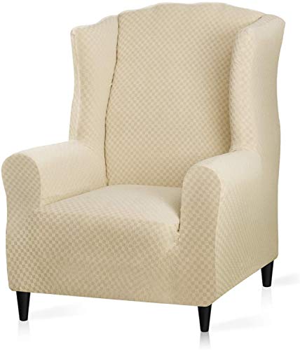LINFKY 1 Stück Stretch Wingback Chair Schonbezug Neueste Jacquard Design Ohrensesselbezug rutschfeste Möbelschutz Mit Schaumstangen Für Wohnzimmer (Beige) von LINFKY