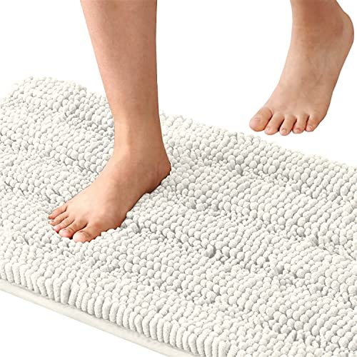 LINFKY Badematte rutschfest Luxus Chenille Gestreifte Badezimmerteppich Extra weiche und saugfähige Mikrofaser Hochflor Teppiche Schnelltrocknende Badvorleger Waschbar (Creme,150 x 50 cm) von LINFKY