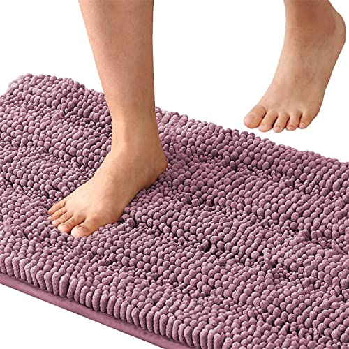 LINFKY Badematte rutschfest Luxus Chenille Gestreifte Badezimmerteppich Extra weiche und saugfähige Mikrofaser Hochflor Teppiche Schnelltrocknende Badvorleger Waschbar (Mauve,150 x 50 cm) von LINFKY