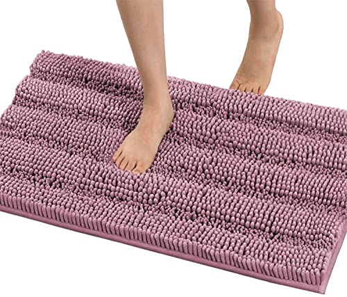 LINFKY Badematte rutschfest Luxus Chenille Gestreifte Badezimmerteppich Extra weiche und saugfähige Mikrofaser Hochflor Teppiche Schnelltrocknende Badvorleger Waschbar (Mauve,50 x 80 cm) von LINFKY